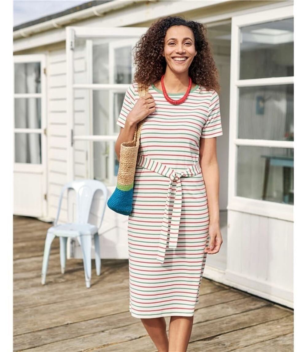Woolovers Casual Stripe Belted Jersey Dress Organic Cotton Minimalist Sz Medium